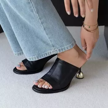 2024 Новые женские босоножки из натуральной кожи на высоком каблуке с открытым носком, летние удобные повседневные черные туфли, женские модные туфли-лодочки, тапочки 34 чёрный