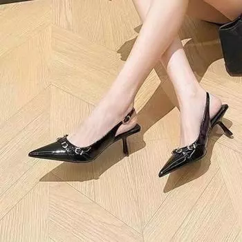 2024 Новые женские босоножки, модные туфли с острым носком, неглубокие женские элегантные туфли с открытой пяткой, неглубокие туфли для банкета и вечеринки 35 чёрный