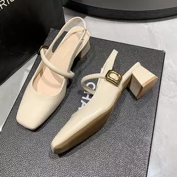 2024 Новые женские босоножки на низком каблуке в стиле ретро, туфли-лодочки Мэри Джейн, повседневные летние женские сексуальные туфли на высоком каблуке 34 бежевый