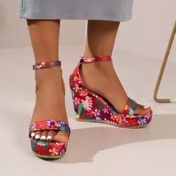 2024 новые женские босоножки на танкетке европейского и американского стиля с круглым носком, открытым носком и одним словом, большого размера 36 красный