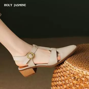 2024 Новые женские босоножки с острым носком на толстом каблуке из натуральной кожи, офисные весенне-летние модные лаконичные туфли без задника для женщин 34 шоколадный