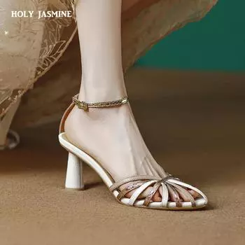 2024 Новые женские босоножки с ремешком на щиколотке, лаконичные модные туфли из натуральной кожи на тонком высоком каблуке, летние офисные свадебные туфли для вечеринок, женские 34 чёрный