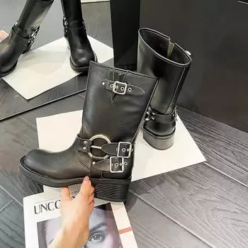 2024 Новые женские ботильоны из искусственной кожи, женские осенне-зимние туфли со шнуровкой и круглым носком, женские модные ботинки на платформе для мотоциклистов 35 коричневый