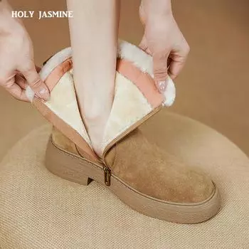 2024 Новые женские ботильоны на открытом воздухе, повседневные, офисные, женские, зимние, теплые, зимние, на толстом каблуке, из коровьей замши, с пряжкой, женские 34 чёрный