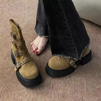 2024 Новые женские ботильоны на платформе из мягкой кожи высокого качества, осенне-зимние женские повседневные туфли на толстой подошве, женские ботинки Botas De Mujer 35 бежевый