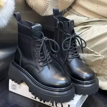 2024 Новые женские ботильоны на шнуровке, ботинки на платформе и толстом каблуке для женщин, повседневные ботинки в британском стиле с толстой подошвой, увеличивающие рост 35 бежевый