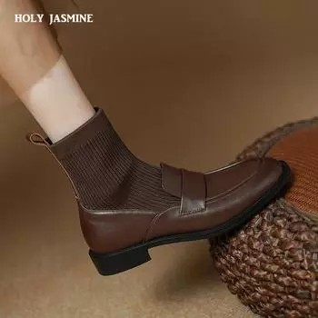 2024 Новые женские ботильоны осень-зима вязаные сращивания из натуральной кожи на квадратном каблуке женские офисные черные женские ботинки 34 чёрный