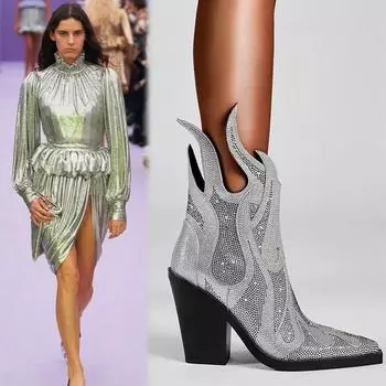 2024 Новые женские ботильоны с боковой молнией для сцены, сексуальные квадратные сапоги на толстом каблуке Water Diamond Flame 2024, сапоги большого размера 35 зелёный