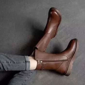 2024 Новые женские ботинки Байкерская обувь для женщин Кожаные ботильоны на молнии Коричневые зимние ботинки до середины икры Трендовая женская хлопковая обувь 35 чёрный