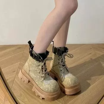 2024 Новые женские ботинки Botas на танкетке, женские ботинки на платформе со шнуровкой, черные кожаные туфли-оксфорды для женщин Botas Mujer 35 хаки