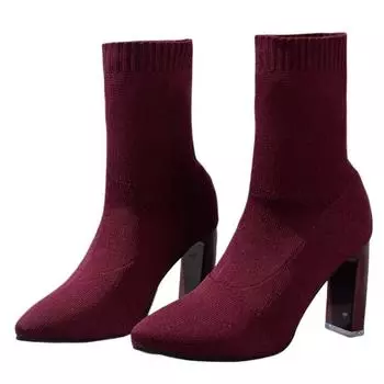 2024 Новые женские ботинки цвета красного вина и черного с острым носком, эластичные вязаные короткие весенне-осенние туфли, элегантные туфли на высоком каблуке 36 вино красного
