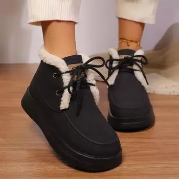 2024 Новые женские ботинки из бархата для сохранения тепла зимой на шнуровке короткие удобные однотонные женские ботинки ботильоны 36 чёрный