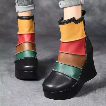 2024 Новые женские ботинки из натуральной кожи Женская обувь Разноцветные осенне-зимние этнические ботинки ручной работы на танкетке и платформе 225 бежевый