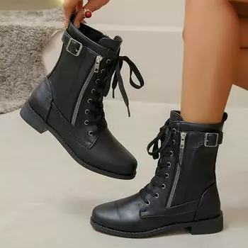 2024 новые женские ботинки Martin большого размера с круглым носком, толстым каблуком, ремешком, боковой молнией, однотонные, низкие 36