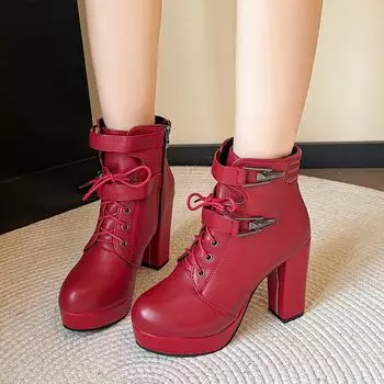 2024 Новые женские ботинки на толстом каблуке с молнией, осенние женские туфли на очень высоком каблуке, короткие женские ботинки с круглым носком, однотонные женские ботинки 35 бежевый