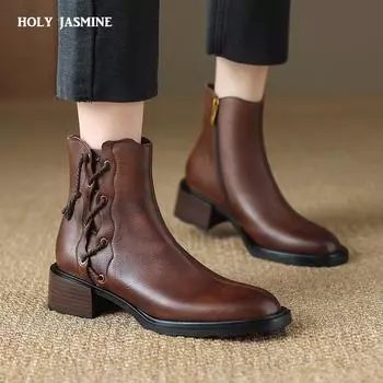 2024 Новые женские ботинки с круглым носком и толстым каблуком. Ботильоны из кожи. Зимние ковбойские ботинки. Челси из натуральной кожи. 34 чёрный
