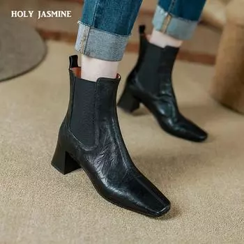 2024 Новые женские ботинки с квадратным носком и толстым каблуком для женщин Зимние женские ботильоны из натуральной кожи Современные ботинки Женская обувь 34 чёрный