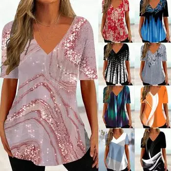 2024 Новые женские футболки с принтом Футболки Женские топы с V-образным вырезом Пуловеры Повседневная мода Уличная одежда Топы с коротким рукавом Летняя одежда S