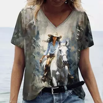 2024 Новые женские футболки с принтом в стиле вестерн-ковбой, топы больших размеров с V-образным вырезом, женская блузка, летняя женская рубашка, женская одежда S