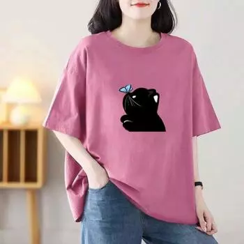 2024 Новые женские футболки с рисунком милые хлопковые футболки с коротким рукавом и принтом O-образным вырезом Kawaii Топы повседневные XS