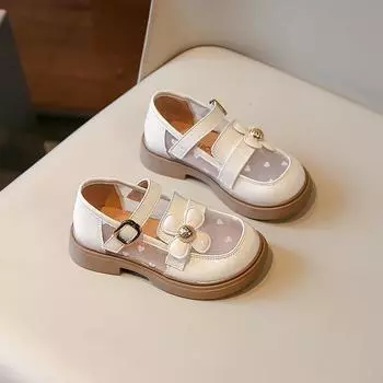 2024 Новые женские кожаные туфли Мэри Джейн в сеточку в стиле пэчворк для детей, туфли принцессы, модные детские туфли с цветочным принтом, черные, бежевые, повседневные туфли 23 чёрный