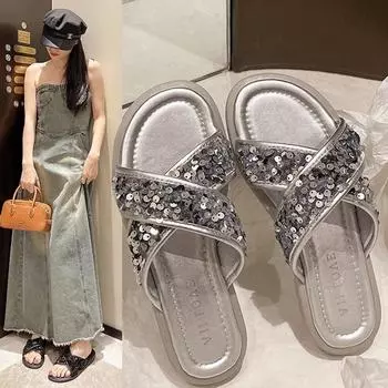 2024 Новые женские летние тапочки, сказочные тапочки с блестками, плоские тапочки, модные красивые очаровательные удобные сандалии с крестиком 35 чёрный