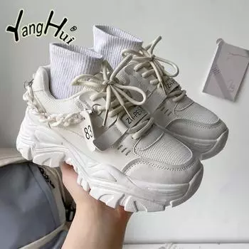 2024 Новые женские массивные кроссовки Модные дышащие повседневные удобные женские вулканизированные туфли Цепные аксессуары Весна Осень 35 чёрный