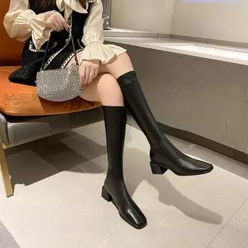 2024 Новые женские мягкие PU кожаные высокие сапоги осенняя мода на толстом среднем каблуке до колена женские туфли для вечеринок черного цвета 34 коричневый