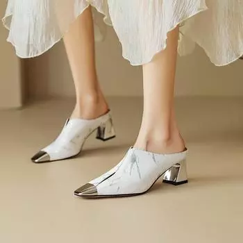 2024 Новые женские мюли из натуральной кожи с металлическим носком, модные летние туфли на толстом каблуке, женские повседневные офисные туфли для женщин 34 серебряный