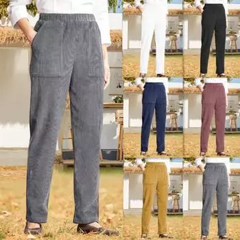 2024 Новые женские однотонные вельветовые прямые повседневные брюки с эластичной резинкой на талии S белый