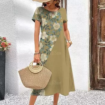 2024 Новые женские платья с цветочным принтом, летние наряды для отпуска, платья с коротким рукавом, модная одежда больших размеров S