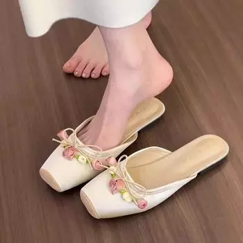 2024 Новые женские полутапочки Baotou женские квадратные носки толстые каблуки Muller сандалии для верхней одежды плоская подошва Zapatos Mujer лето 35 розовый