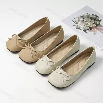 2024 Новые женские повседневные туфли на плоской подошве с круглым носком, женские легкие балетки с милым бантом, туфли Мэри Джейн без застежек, Zapatillas Mujer 33 абрикосовый