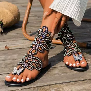 2024 новые женские сандалии с закрытым носком и стразами, сандалии на плоской подошве с застежкой-клипсой, модные женские тапочки 36 чёрный