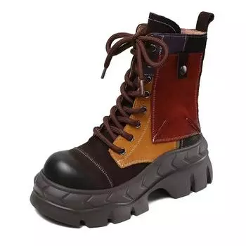 2024 Новые женские сапоги на толстом каблуке, зимние теплые сапоги из натуральной кожи с круглым носком на платформе, разноцветные сапоги в стиле ретро ручной работы из хлопка 35 чёрный