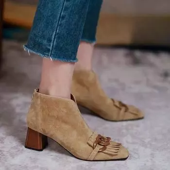 2024 Новые женские сапоги осень-зима с квадратным носком и квадратным каблуком, ботильоны на среднем каблуке, женские модные офисные туфли с бахромой для женщин 35 хаки