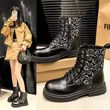 2024 Новые женские сапоги Высококачественные женские модные повседневные женские сапоги с круглым носком и крестообразным плетением и леопардовым принтом до середины икры 35 чёрный