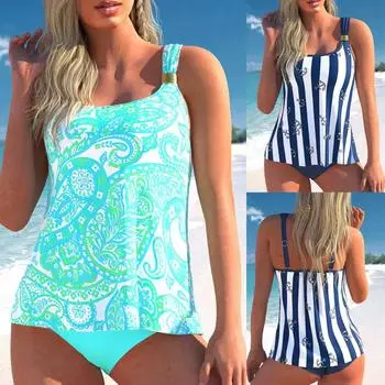2024 Новые женские сексуальные купальники с модным принтом, танкини, монокини, купальники, купальник из двух предметов, летняя пляжная одежда свободного размера S синий