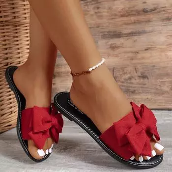 2024 Новые женские тапочки, летние модные сандалии, туфли с бантом для женщин, повседневные пляжные тапочки на плоской подошве, женские шлепанцы Zapatos De Mujer 36 чёрный