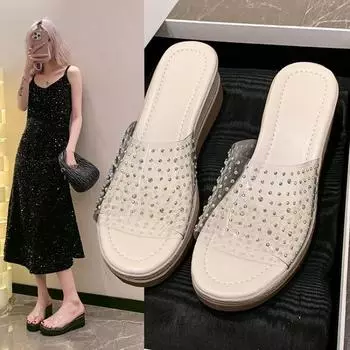 2024 Новые женские тапочки на высоком каблуке с нескользящей подошвой, с открытым носком, для отдыха на открытом воздухе, женские сандалии, сексуальные модные резиновые женские тапочки 35