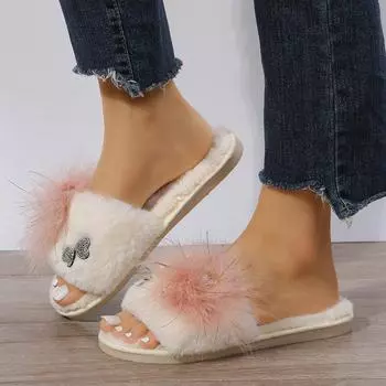 2024 Новые женские тапочки Осенние и зимние меховые тапочки Домашние тапочки Мягкая подошва Однотонные домашние хлопковые тапочки 36-37 покинуть белый