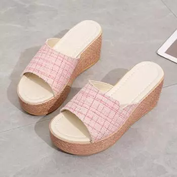 2024 Новые женские тапочки с милым бантом, женские открытые носки, летние сексуальные туфли с цветочным принтом, женские тапочки на высоком каблуке, женские шлепанцы на платформе и танкетке 34 розовый