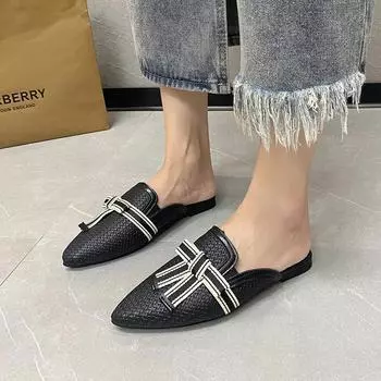 2024 Новые женские тапочки с острым носком, универсальные цветовые сочетания, летние женские тапочки, удобные для верхней одежды Baotou Zapatos 35 чёрный