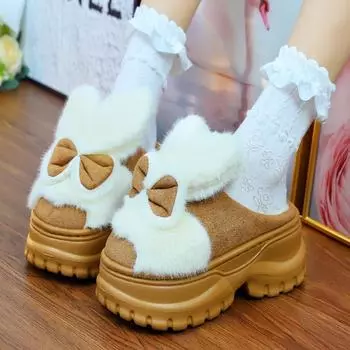 2024 Новые женские тапочки с заячьими ушками на высокой платформе, мюли, облачные меховые тапочки, женские зимние стильные шлепанцы с бантом из кролика 36-37