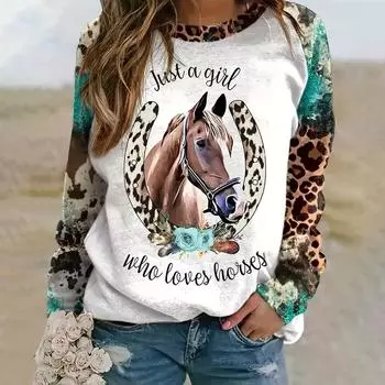 2024 Новые женские топы с длинными рукавами, модная одежда с 3D-принтом в виде лошади с длинными рукавами, весна и осень, длинные рукава S