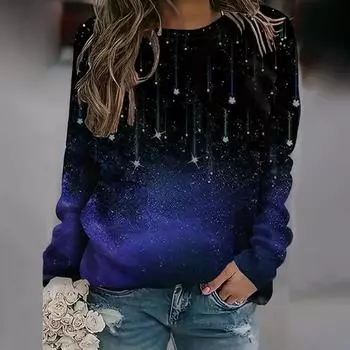 2024 Новые женские топы с круглым вырезом и длинными рукавами, модные топы с градиентным 3D-принтом со звездами S