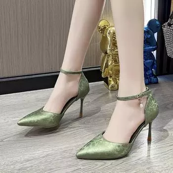 2024 Новые женские туфли из лаконичного флока на высоком каблуке, женские туфли-лодочки с острым носком, классические красные серые женские свадебные туфли для офиса 9 см 34 бежевый