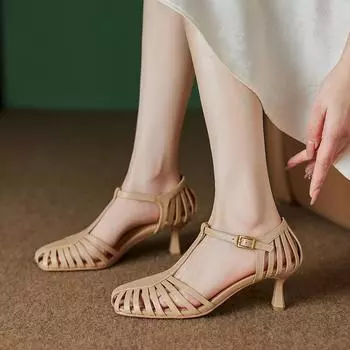 2024 Новые женские туфли из натуральной кожи, сандалии в римском стиле на толстом высоком каблуке, удобные повседневные туфли, женские летние туфли-лодочки с квадратным носком 34 коричневый