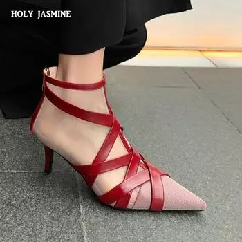 2024 Новые женские туфли из натуральной кожи, модные туфли на тонком каблуке, туфли-лодочки с острым носком, на молнии, на высоком каблуке, женская обувь абрикосового цвета, весна 33-40 34 чёрный