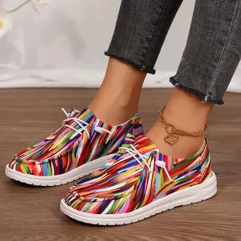 2024 Новые женские туфли из радужного холста, осенние новые повседневные женские туфли на плоской подошве с круглым носком, разноцветные кроссовки со шнуровкой и принтом 36 красный